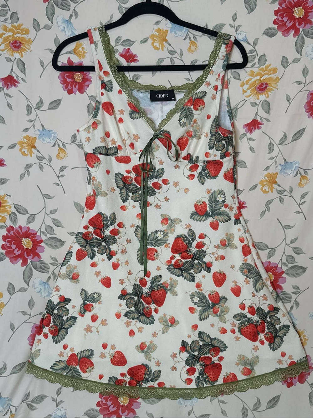 CIDER | Cream Strawberry-Print Lace-Trim Camisole Dress | Size M